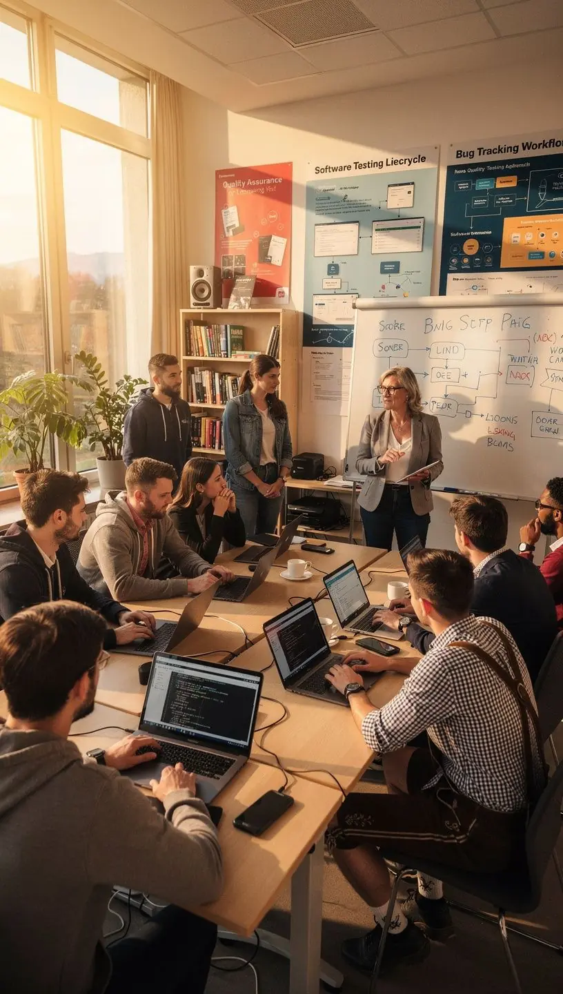 Ein Gruppenfoto von Schülern, die an einem Online-Kurs zur Softwarequalitätssicherung teilnehmen.